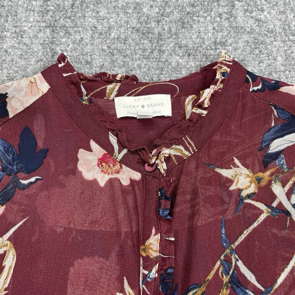 Lucky Brand Top Womens Large Floral Button Front Semi Sheer Ruffle Trim Blouse - Picture 7 of 10